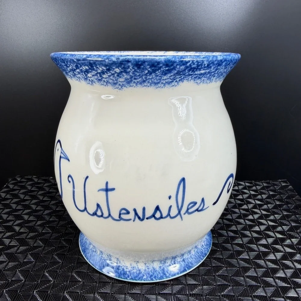 Lebeau‎ et Weilbrenner Poterie Ceramic Utensil Crock Blue White Bird Ustensiles